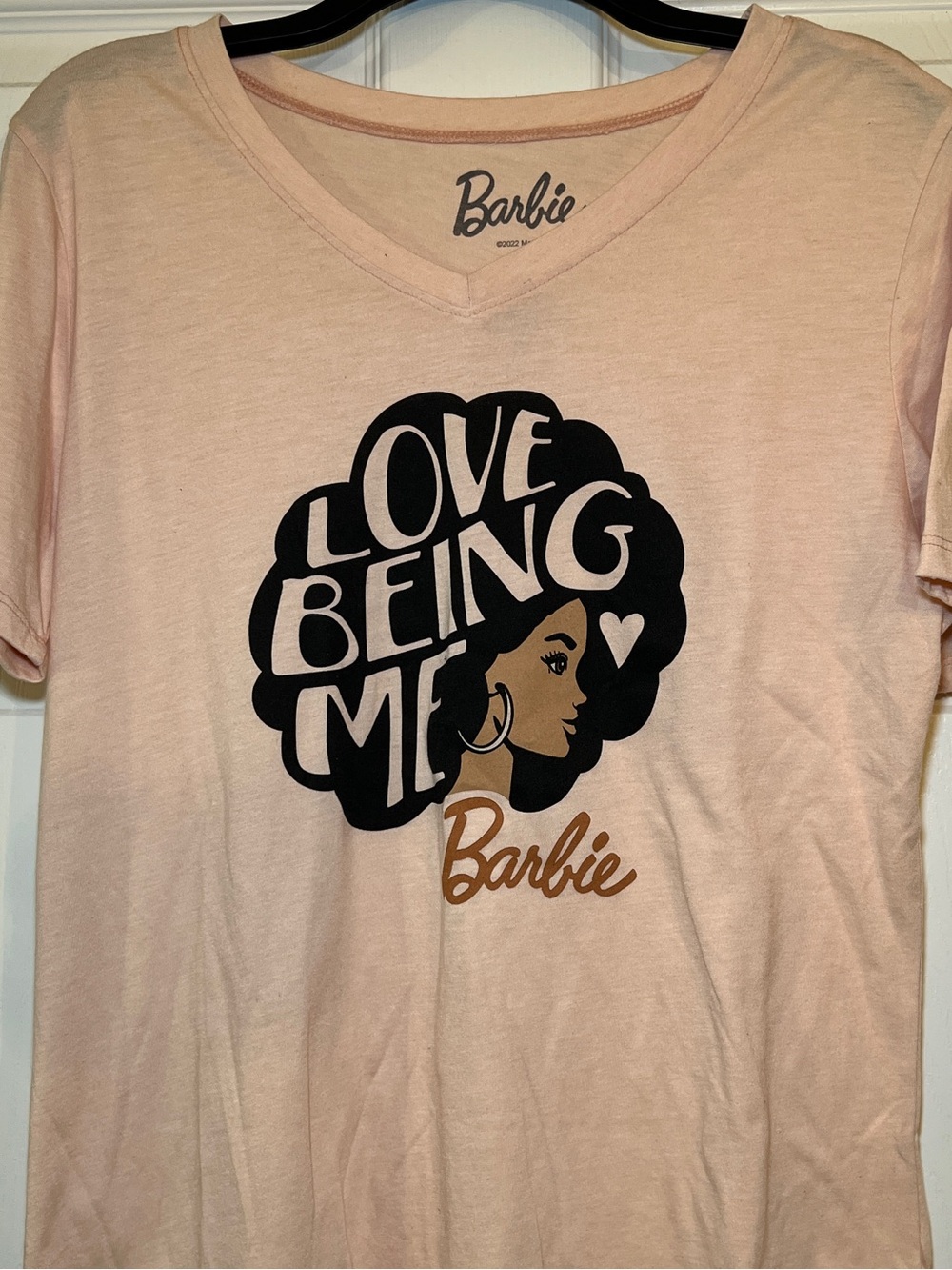Junior’s Barbie “Love Being Me” Natural Hair Crewneck Graphic Beige Tee | L